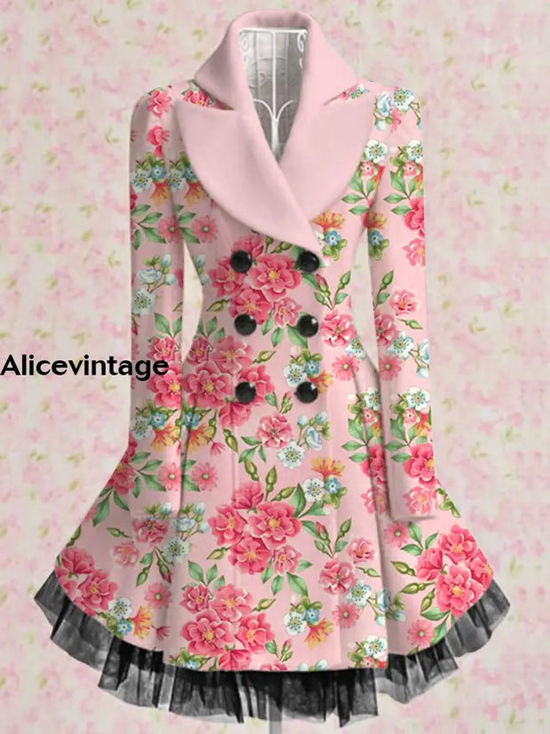 Floral Print Vintage Elegant Lapel V-Neck Button Up Long Sleeve Coat Dress