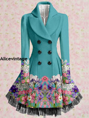 Floral Print Vintage Elegant Lapel V-Neck Button Up Long Sleeve Coat Dress