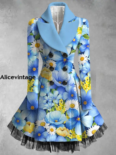 Floral Print Vintage Elegant Lapel V-Neck Button Up Long Sleeve Coat Dress