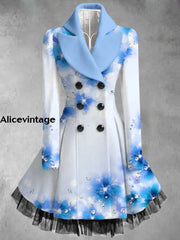 Floral Print Vintage Elegant Lapel V-Neck Button Up Long Sleeve Coat Dress