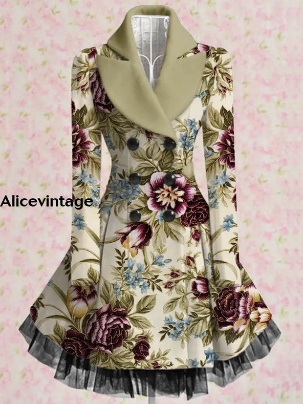 Floral Print Vintage Elegant Lapel V-Neck Button Up Long Sleeve Coat Dress