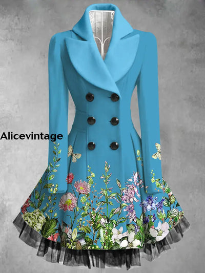 Floral Print Vintage Elegant Lapel V-Neck Button Up Long Sleeve Coat Dress