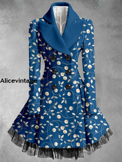 Floral Print Vintage Elegant Lapel V-Neck Button Up Long Sleeve Coat Dress