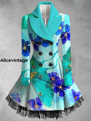 Floral Print Vintage Elegant Lapel V-Neck Button Up Long Sleeve Coat Dress