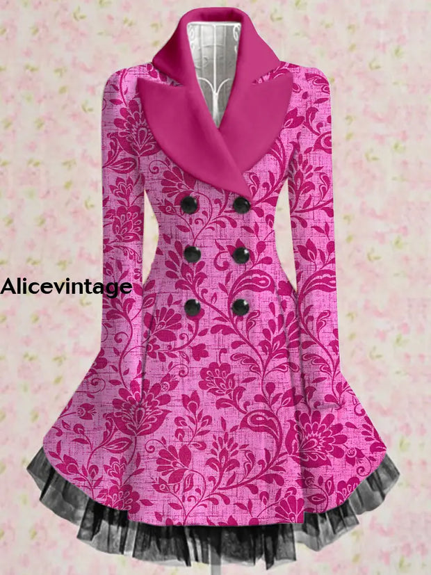 Floral Print Vintage Elegant Lapel V-Neck Button Up Long Sleeve Coat Dress