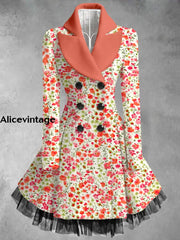 Floral Print Vintage Elegant Lapel V-Neck Button Up Long Sleeve Coat Dress