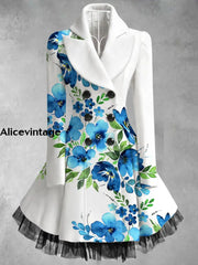 Floral Print Vintage Elegant Lapel V-Neck Button Up Long Sleeve Coat Dress