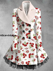 Floral Print Vintage Elegant Lapel V-Neck Button Up Long Sleeve Coat Dress