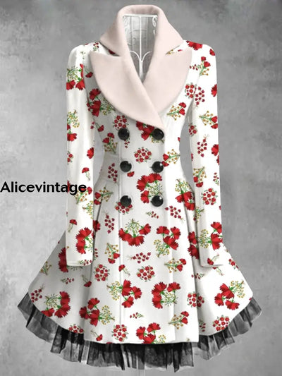 Floral Print Vintage Elegant Lapel V-Neck Button Up Long Sleeve Coat Dress