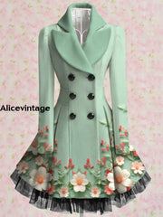 Floral Print Vintage Elegant Lapel V-Neck Button Up Long Sleeve Coat Dress