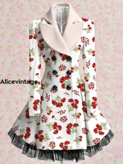 Floral Print Vintage Elegant Lapel V-Neck Button Up Long Sleeve Coat Dress