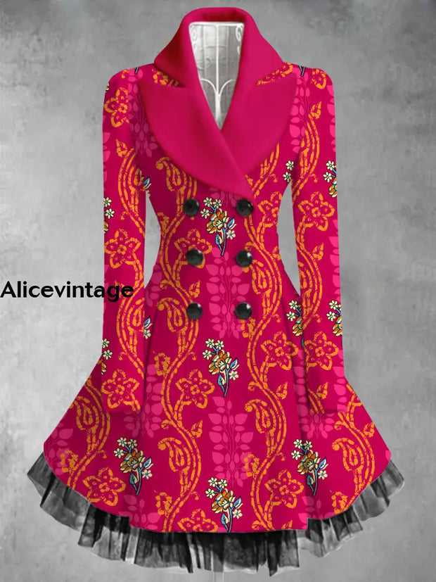 Floral Print Vintage Elegant Lapel V-Neck Button Up Long Sleeve Coat Dress