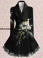 Floral Print Vintage Elegant Lapel V-Neck Button Up Long Sleeve Coat Dress