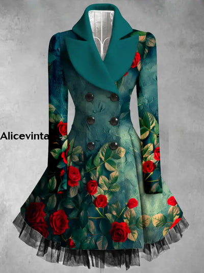 Floral Print Vintage Elegant Lapel V-Neck Button Up Long Sleeve Coat Dress