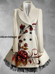 Floral Print Vintage Elegant Lapel V-Neck Button Up Long Sleeve Coat Dress