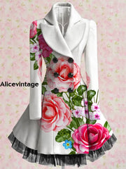 Floral Print Vintage Elegant Lapel V-Neck Button Up Long Sleeve Coat Dress