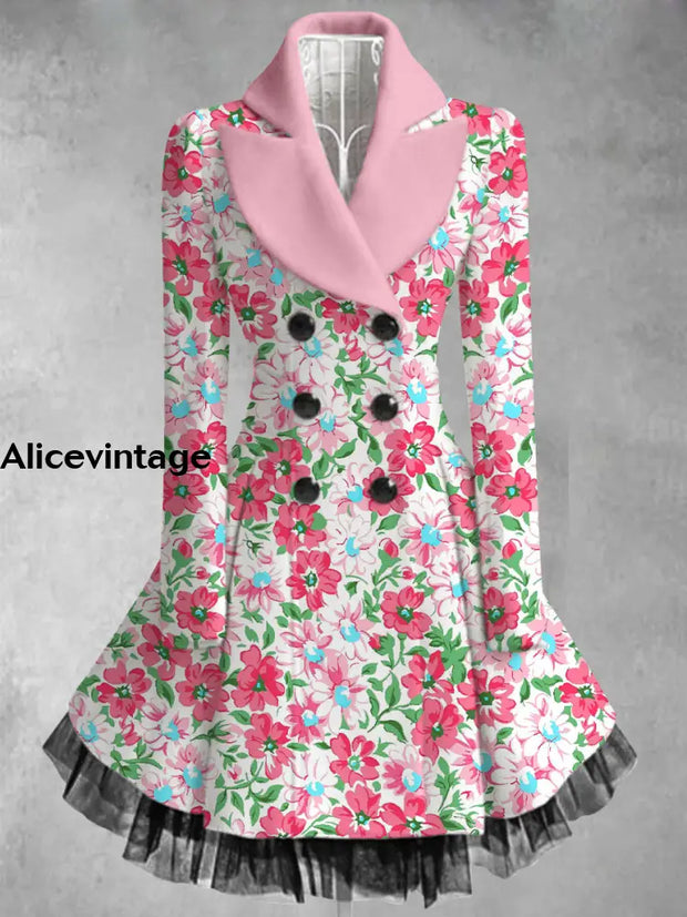 Floral Print Vintage Elegant Lapel V-Neck Button Up Long Sleeve Coat Dress