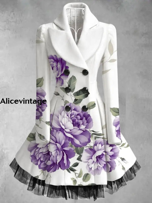 Floral Print Vintage Elegant Lapel V-Neck Button Up Long Sleeve Coat Dress