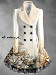 Floral Print Vintage Elegant Lapel V-Neck Button Up Long Sleeve Coat Dress