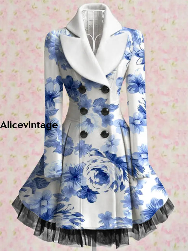 Floral Print Vintage Elegant Lapel V-Neck Button Up Long Sleeve Coat Dress