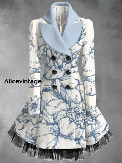 Floral Print Vintage Elegant Lapel V-Neck Button Up Long Sleeve Coat Dress