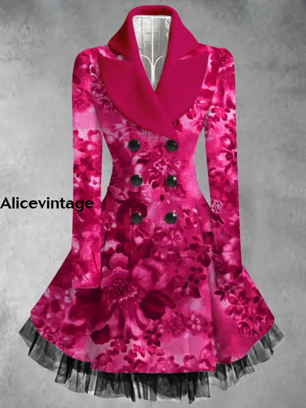 Floral Print Vintage Elegant Lapel V-Neck Button Up Long Sleeve Coat Dress