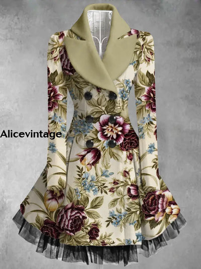 Floral Print Vintage Elegant Lapel V-Neck Button Up Long Sleeve Coat Dress