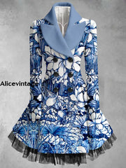 Floral Print Vintage Elegant Lapel V-Neck Button Up Long Sleeve Coat Dress