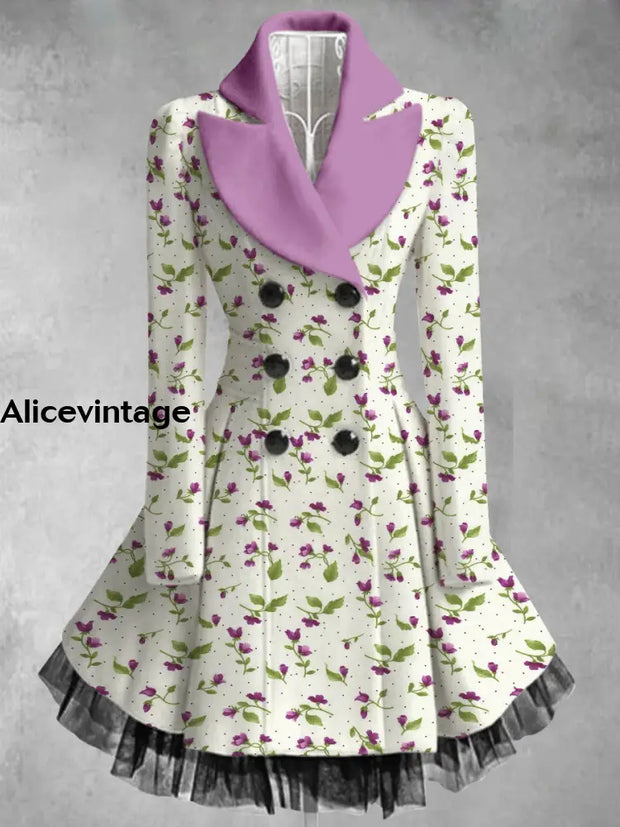 Floral Print Vintage Elegant Lapel V-Neck Button Up Long Sleeve Coat Dress