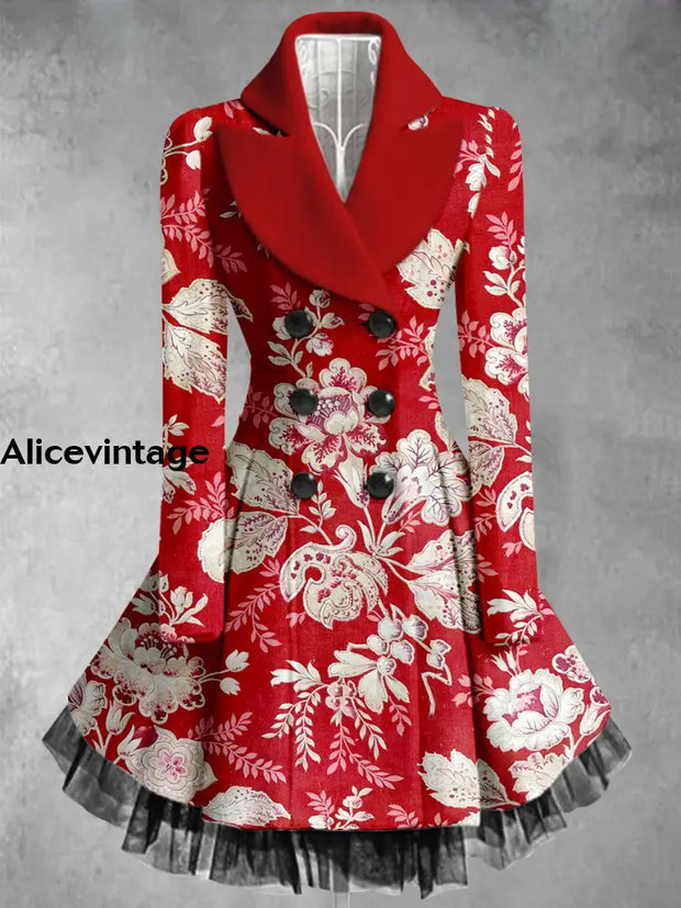 Floral Print Vintage Elegant Lapel V-Neck Button Up Long Sleeve Coat Dress