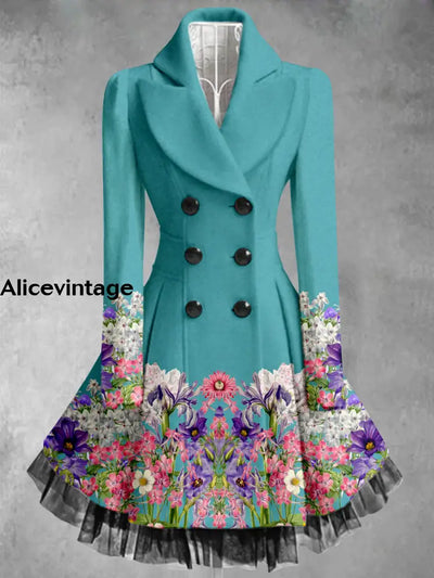 Floral Print Vintage Elegant Lapel V-Neck Button Up Long Sleeve Coat Dress