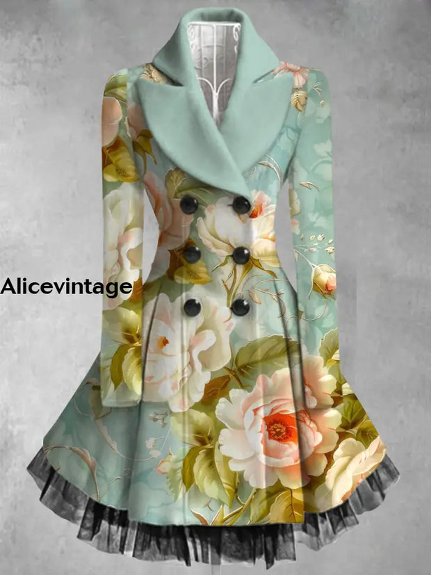 Floral Print Vintage Elegant Lapel V-Neck Button Up Long Sleeve Coat Dress