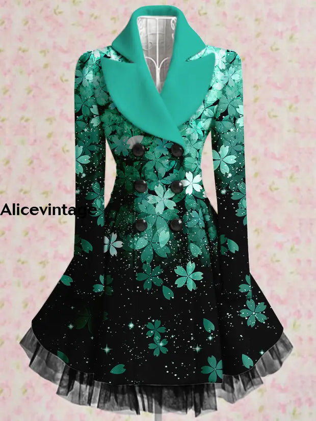 Floral Print Vintage Elegant Lapel V-Neck Button Up Long Sleeve Coat Dress