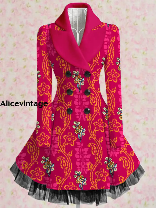 Floral Print Vintage Elegant Lapel V-Neck Button Up Long Sleeve Coat Dress