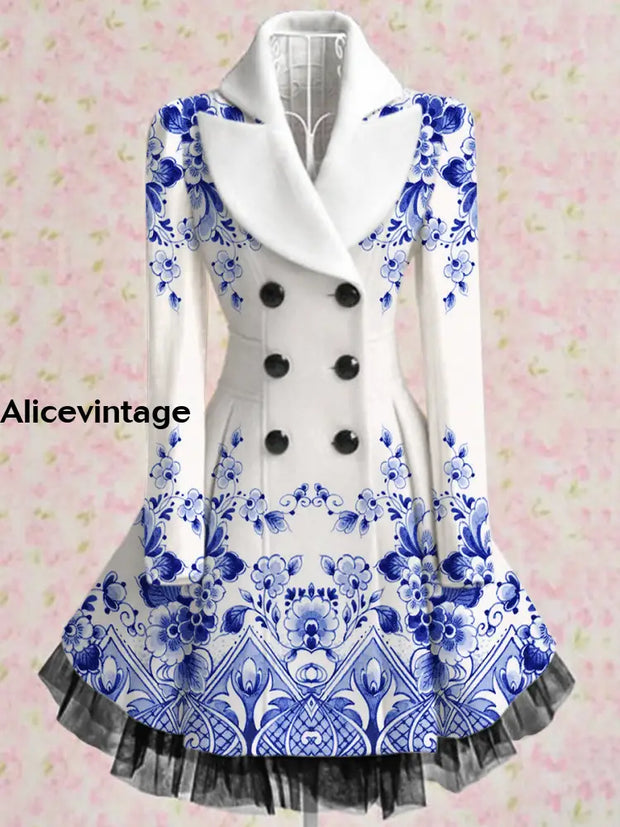 Floral Print Vintage Elegant Lapel V-Neck Button Up Long Sleeve Coat Dress