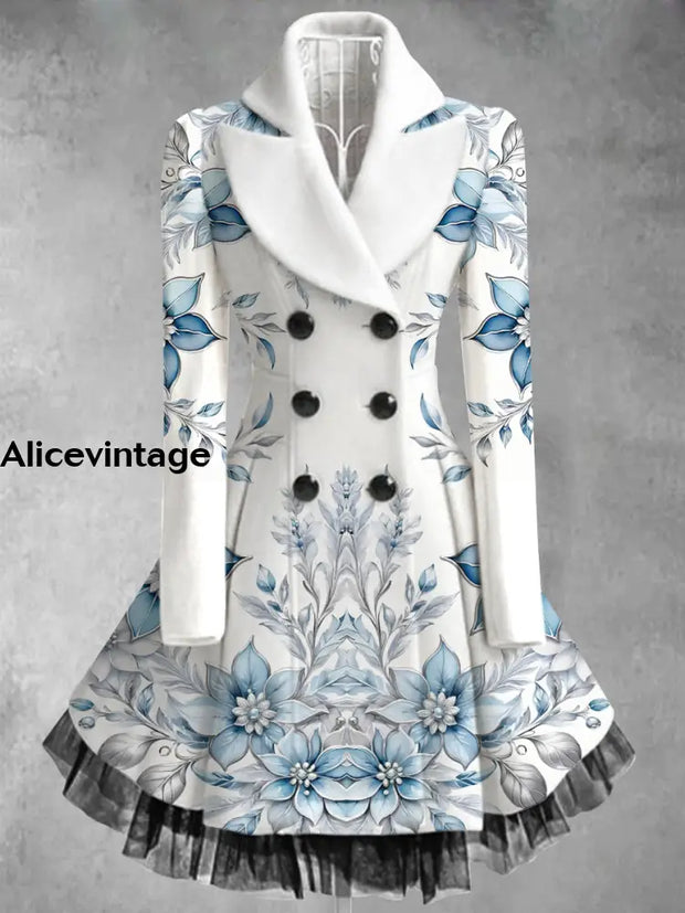 Floral Print Vintage Elegant Lapel V-Neck Button Up Long Sleeve Coat Dress