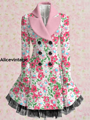 Floral Print Vintage Elegant Lapel V-Neck Button Up Long Sleeve Coat Dress