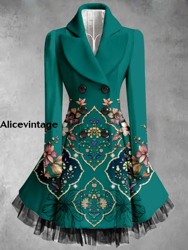 Floral Print Vintage Elegant Lapel V-Neck Button Up Long Sleeve Coat Dress