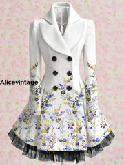 Floral Print Vintage Elegant Lapel V-Neck Button Up Long Sleeve Coat Dress