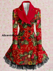 Floral Print Vintage Elegant Lapel V-Neck Button Up Long Sleeve Coat Dress