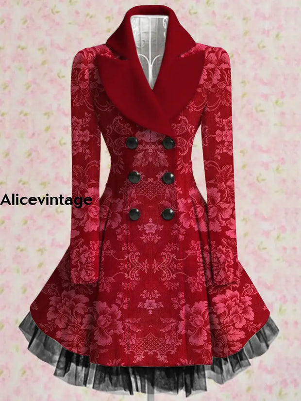 Floral Print Vintage Elegant Lapel V-Neck Button Up Long Sleeve Coat Dress