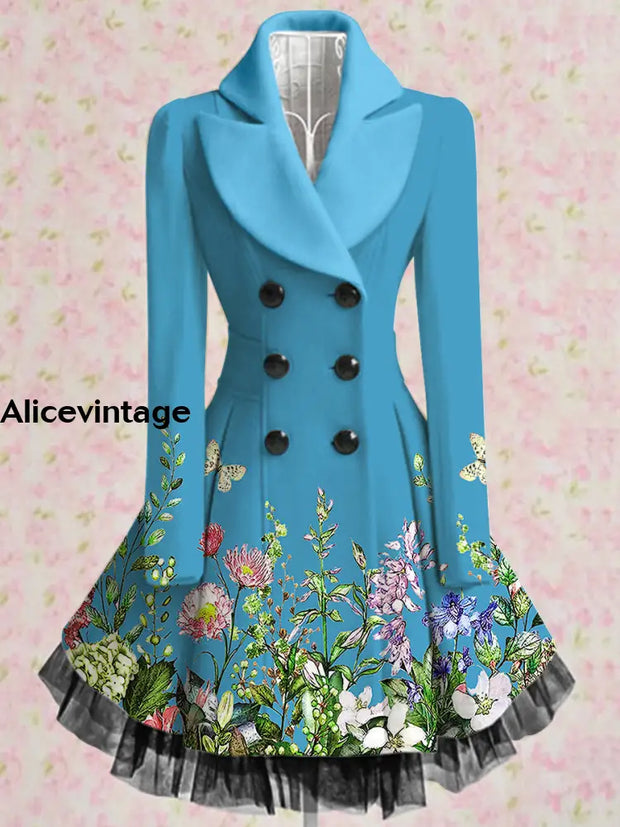 Floral Print Vintage Elegant Lapel V-Neck Button Up Long Sleeve Coat Dress