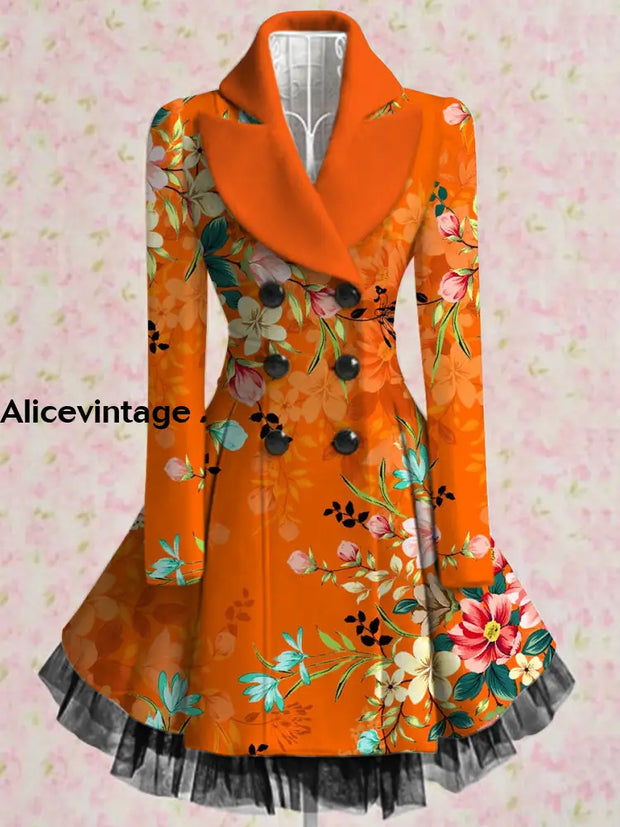 Floral Print Vintage Elegant Lapel V-Neck Button Up Long Sleeve Coat Dress