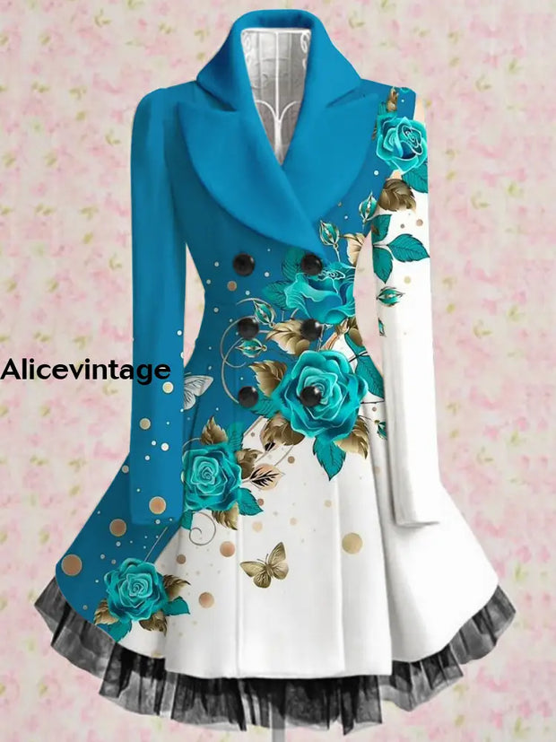 Floral Print Vintage Elegant Lapel V-Neck Button Up Long Sleeve Coat Dress