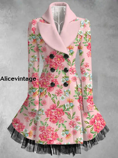 Floral Print Vintage Elegant Lapel V-Neck Button Up Long Sleeve Coat Dress