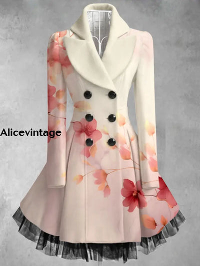 Floral Print Vintage Elegant Lapel V-Neck Button Up Long Sleeve Coat Dress