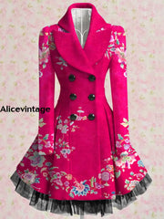 Floral Print Vintage Elegant Lapel V-Neck Button Up Long Sleeve Coat Dress