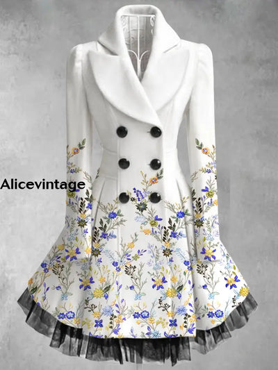 Floral Print Vintage Elegant Lapel V-Neck Button Up Long Sleeve Coat Dress