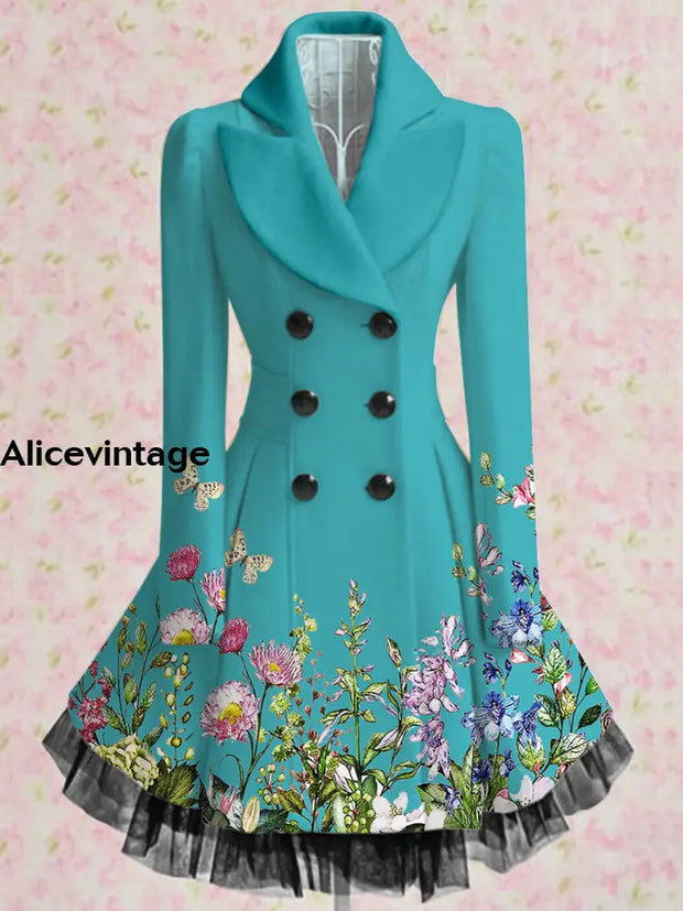 Floral Print Vintage Elegant Lapel V-Neck Button Up Long Sleeve Coat Dress