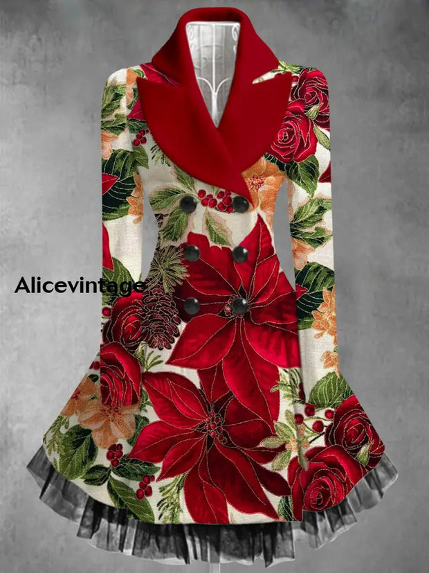 Floral Print Vintage Elegant Lapel V-Neck Button Up Long Sleeve Coat Dress